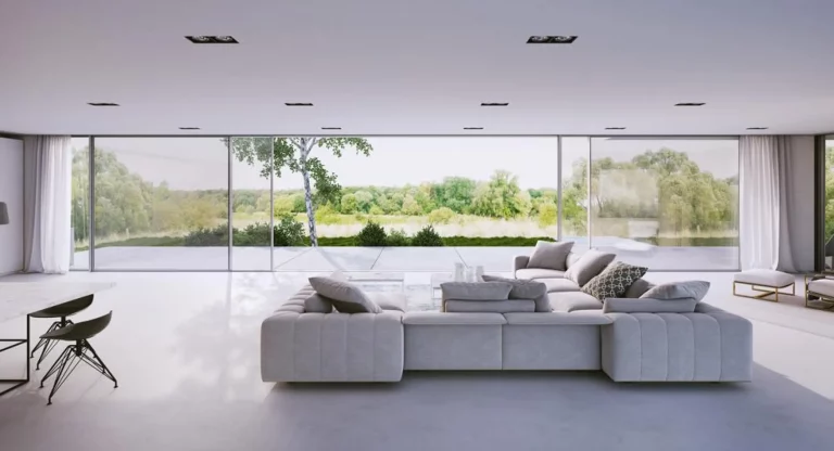 Drzwi i okna przesuwne tarasowe produkowane w Łodzi przez firmę MS Aluminium. Widok z wnętrza domu.