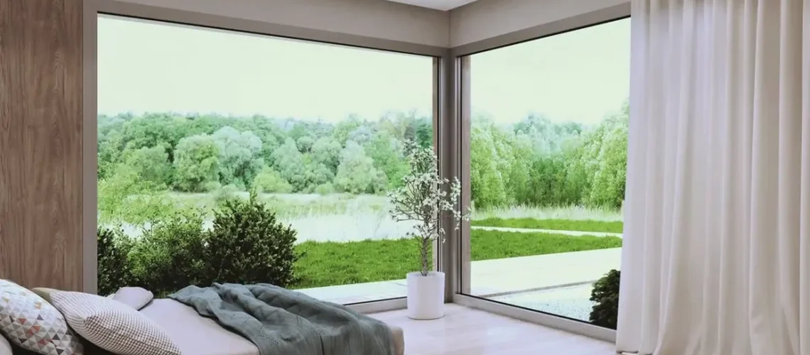 Okna fix - Aluminiowe okna stałe w sypialni. Widok na ogród